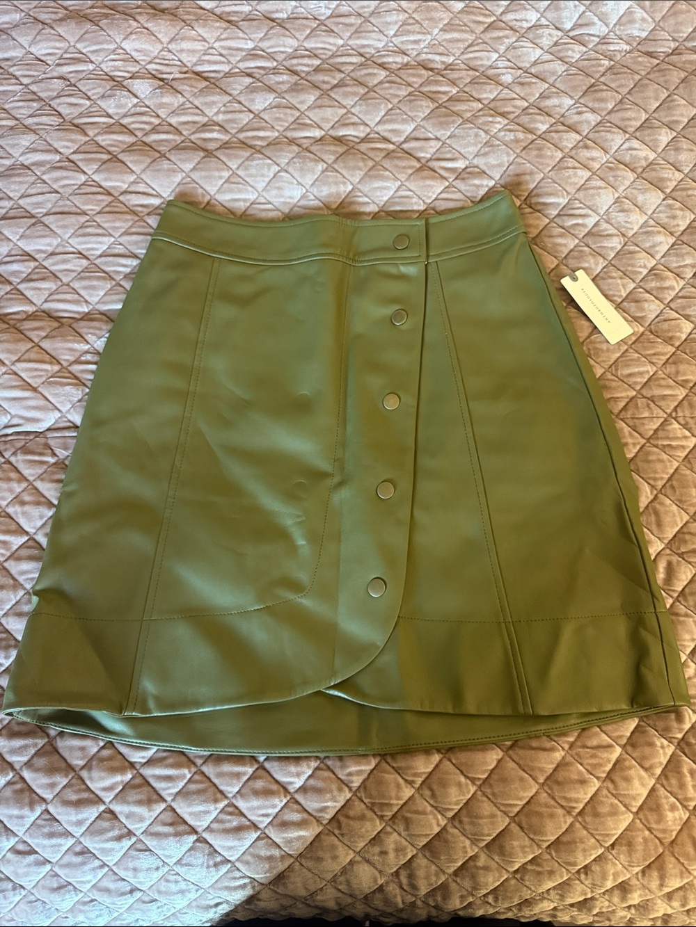 Anthropologie Olive Green Faux Leather Button-Front A-Line Skirt
